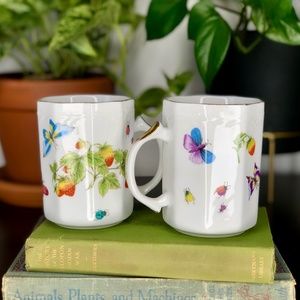 Set of Vintage Gold Enameled Porcelain Mugs with Botanical Design